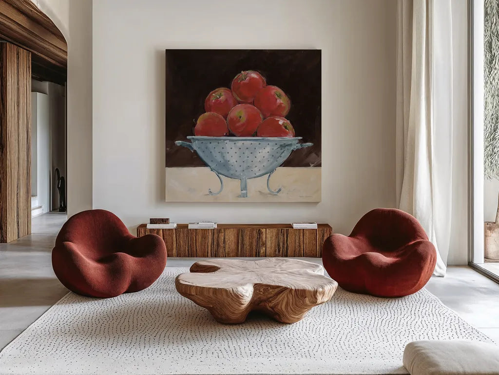Apples on Brown by Avery Tillmon. Shown as extra-large giant wall art in a modern living room. Available as an archival giclee rolled canvas, fine art paper, or poster print. SKU 76148a.