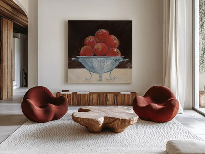 Apples on Brown by Avery Tillmon. Shown as extra-large giant wall art in a modern living room. Available as an archival giclee rolled canvas, fine art paper, or poster print. SKU 76148a.