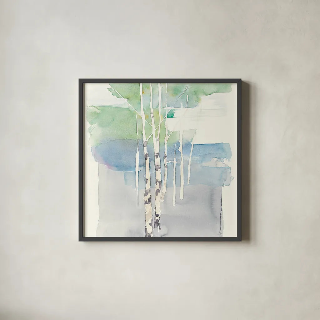 Aspens I Crop by Avery Tillmon. Shown in a sleek black glass frame for a contemporary gallery look. Available as an archival giclee rolled canvas, fine art paper, or poster print. SKU 21118a.