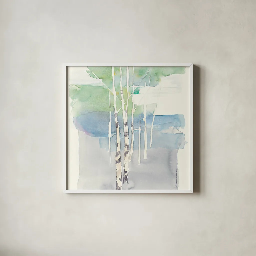 Aspens I Crop by Avery Tillmon. Shown in a crisp white glass frame for a clean and minimalist style. Available as an archival giclee rolled canvas, fine art paper, or poster print. SKU 21118a.