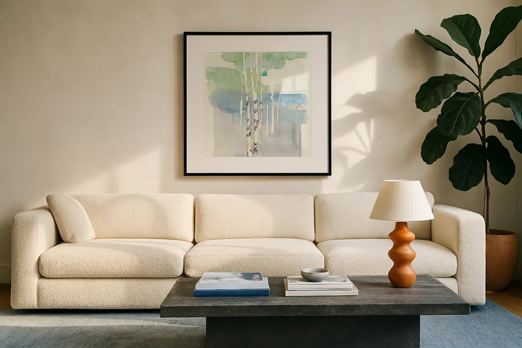 Aspens I Crop by Avery Tillmon. Displayed in a glass frame with matte in a clean modern living room. Available as an archival giclee rolled canvas, fine art paper, or poster print. SKU 21118a.