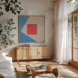 Azure Blue Silk Abstract I by Avery Tillmon. Shown in a natural wood frame in a cozy modern living room. Available as an archival giclee rolled canvas, fine art paper, or poster print. SKU 79767a.