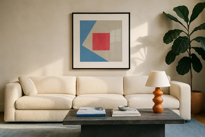 Azure Blue Silk Abstract I by Avery Tillmon. Displayed in a glass frame with matte in a clean modern living room. Available as an archival giclee rolled canvas, fine art paper, or poster print. SKU 79767a.