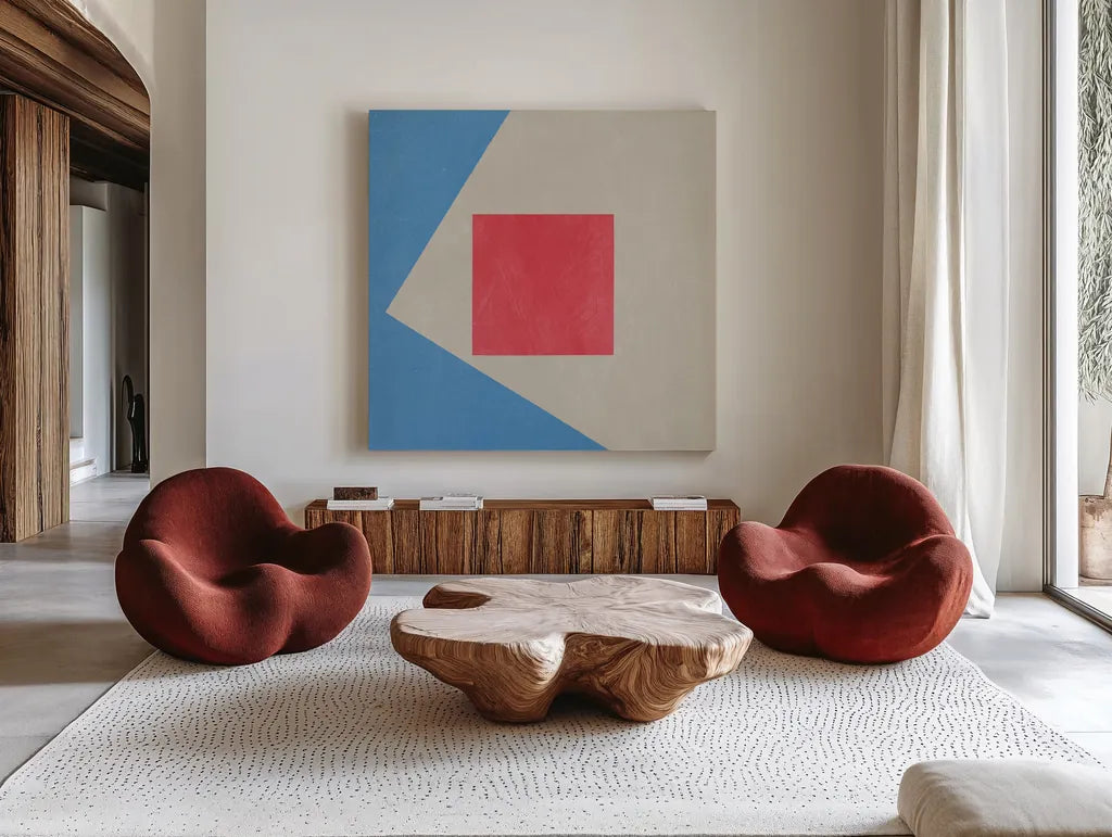 Azure Blue Silk Abstract I by Avery Tillmon. Shown as extra-large giant wall art in a modern living room. Available as an archival giclee rolled canvas, fine art paper, or poster print. SKU 79767a.