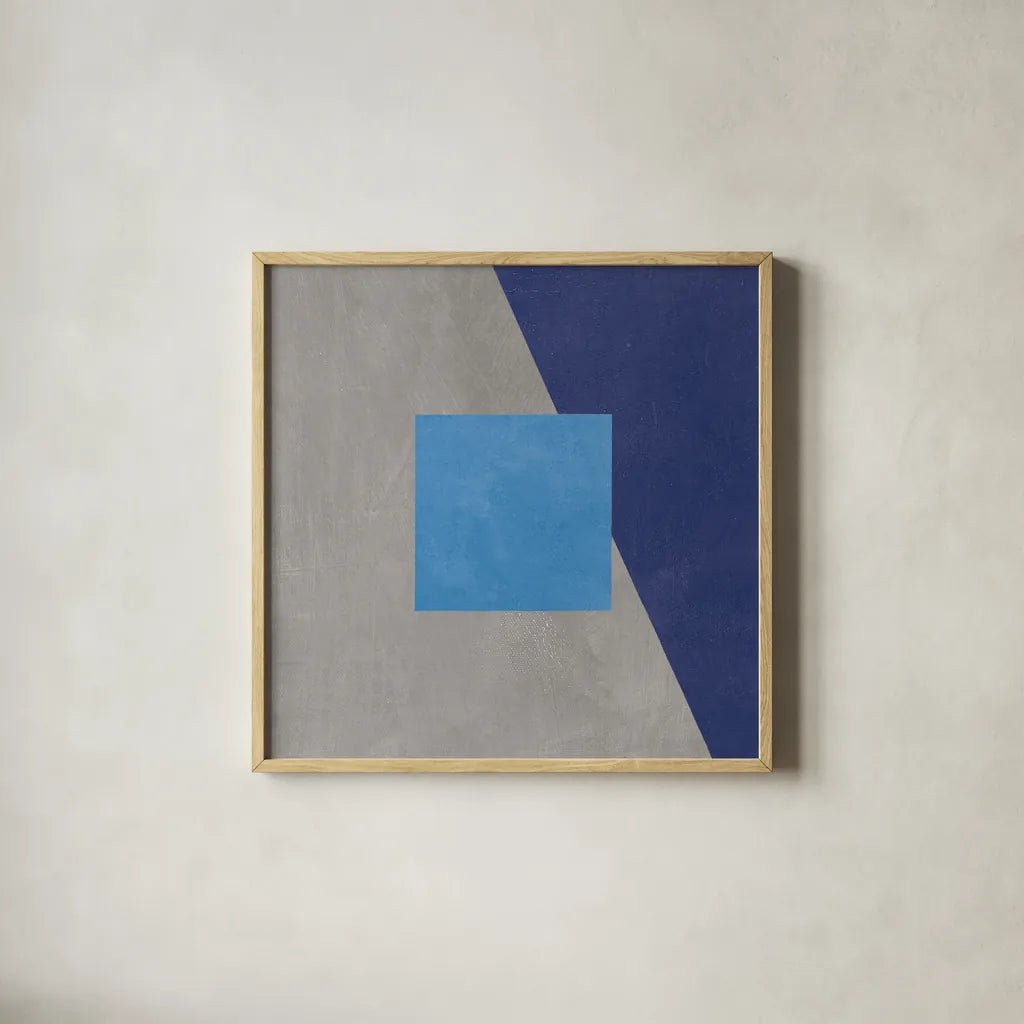 Azure Blue Silk Abstract II by Avery Tillmon. Shown in a natural wood glass frame for a timeless modern aesthetic. Available as an archival giclee rolled canvas, fine art paper, or poster print. SKU 79768a.