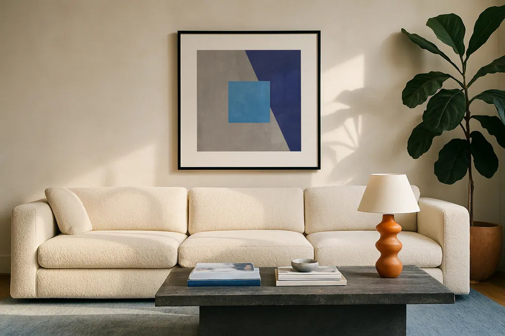 Azure Blue Silk Abstract II by Avery Tillmon. Displayed in a glass frame with matte in a clean modern living room. Available as an archival giclee rolled canvas, fine art paper, or poster print. SKU 79768a.