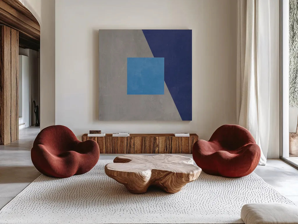 Azure Blue Silk Abstract II by Avery Tillmon. Shown as extra-large giant wall art in a modern living room. Available as an archival giclee rolled canvas, fine art paper, or poster print. SKU 79768a.