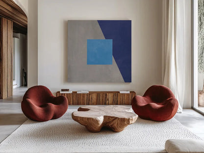 Azure Blue Silk Abstract II by Avery Tillmon. Shown as extra-large giant wall art in a modern living room. Available as an archival giclee rolled canvas, fine art paper, or poster print. SKU 79768a.