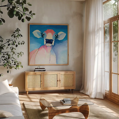 Bella Blue by Avery Tillmon. Shown in a natural wood frame in a cozy modern living room. Available as an archival giclee rolled canvas, fine art paper, or poster print. SKU 23055a.
