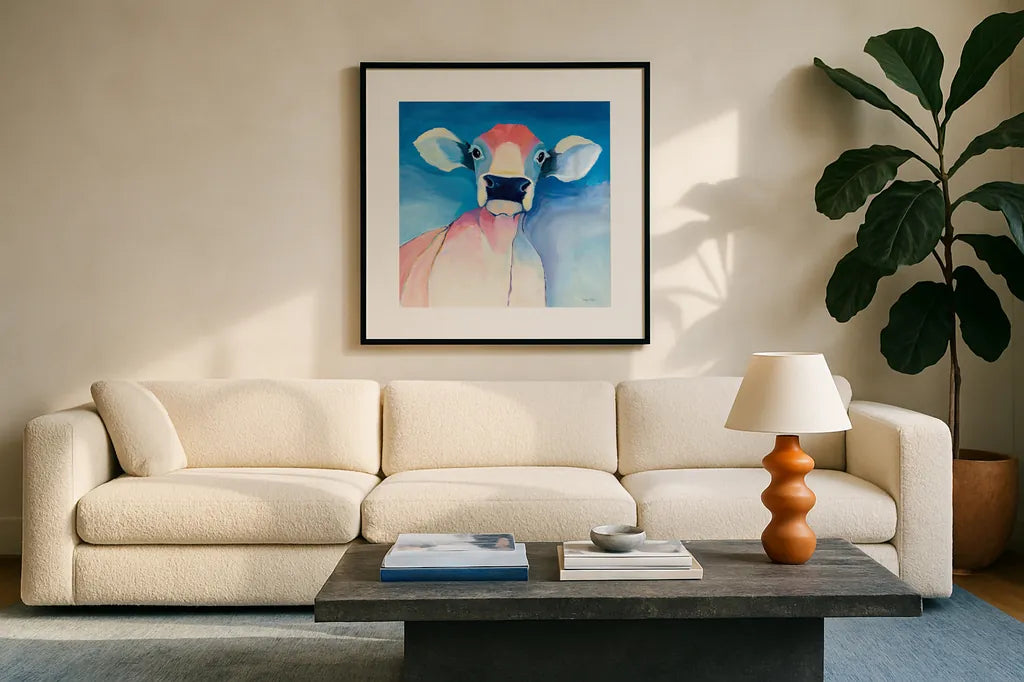 Bella Blue by Avery Tillmon. Displayed in a glass frame with matte in a clean modern living room. Available as an archival giclee rolled canvas, fine art paper, or poster print. SKU 23055a.