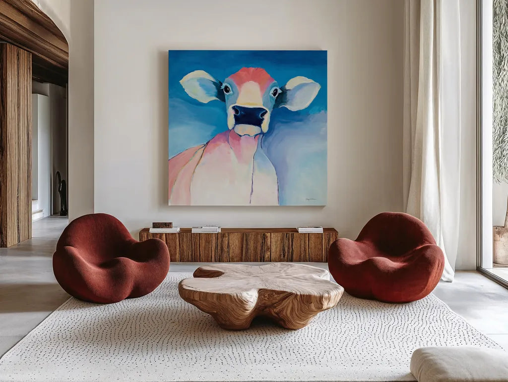 Bella Blue by Avery Tillmon. Shown as extra-large giant wall art in a modern living room. Available as an archival giclee rolled canvas, fine art paper, or poster print. SKU 23055a.