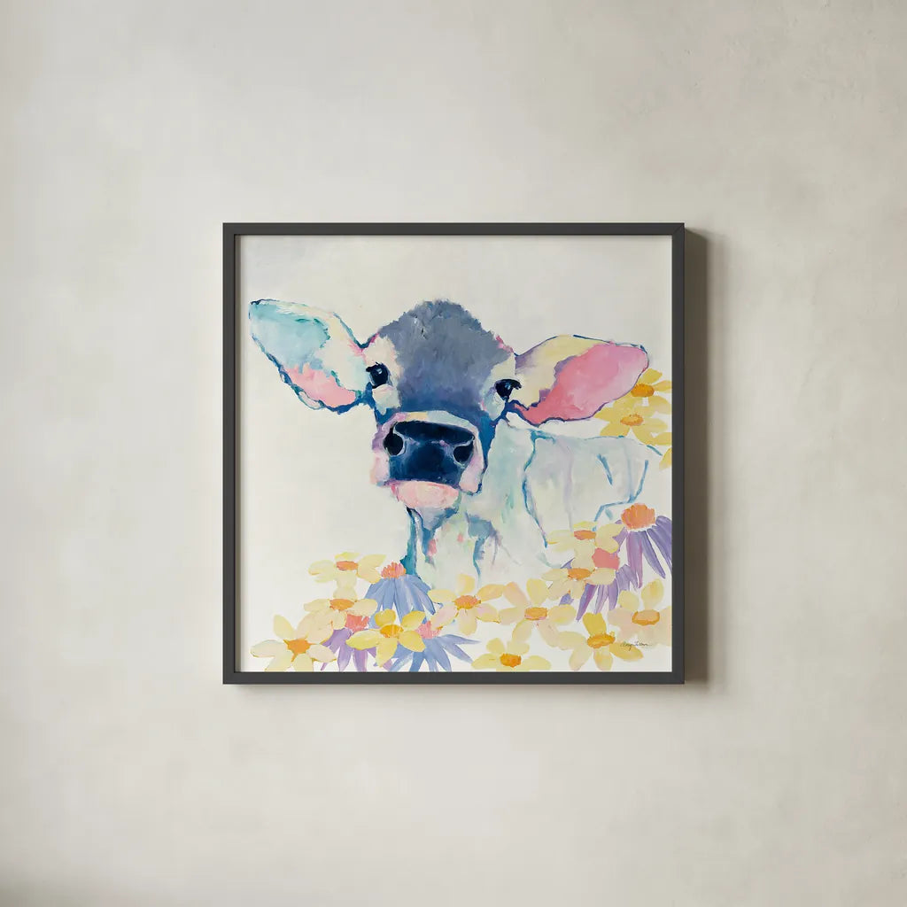 Bessie with Flowers by Avery Tillmon. Shown in a sleek black glass frame for a contemporary gallery look. Available as an archival giclee rolled canvas, fine art paper, or poster print. SKU 23536a.