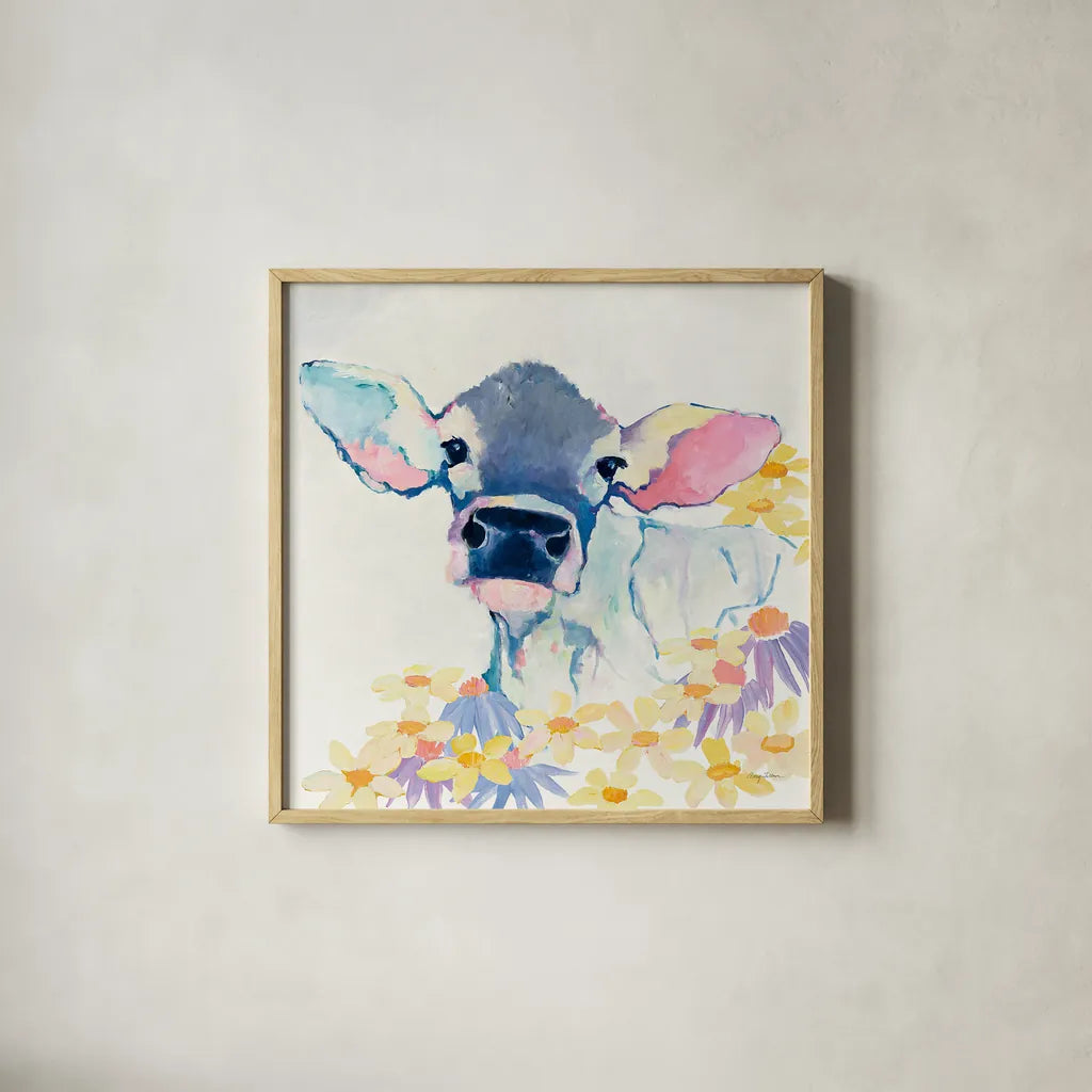 Bessie with Flowers by Avery Tillmon. Shown in a natural wood glass frame for a timeless modern aesthetic. Available as an archival giclee rolled canvas, fine art paper, or poster print. SKU 23536a.