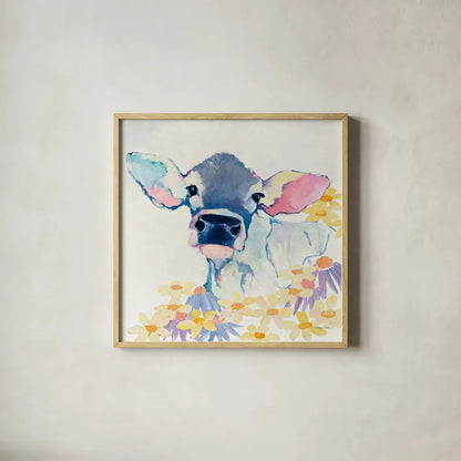 Bessie with Flowers by Avery Tillmon. Shown in a natural wood glass frame for a timeless modern aesthetic. Available as an archival giclee rolled canvas, fine art paper, or poster print. SKU 23536a.