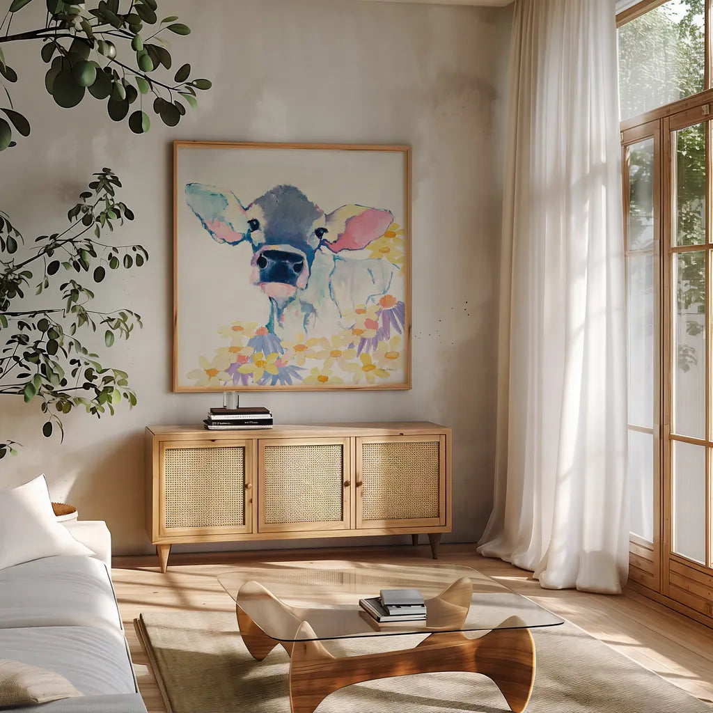 Bessie with Flowers by Avery Tillmon. Shown in a natural wood frame in a cozy modern living room. Available as an archival giclee rolled canvas, fine art paper, or poster print. SKU 23536a.