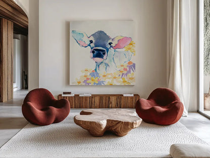 Bessie with Flowers by Avery Tillmon. Shown as extra-large giant wall art in a modern living room. Available as an archival giclee rolled canvas, fine art paper, or poster print. SKU 23536a.
