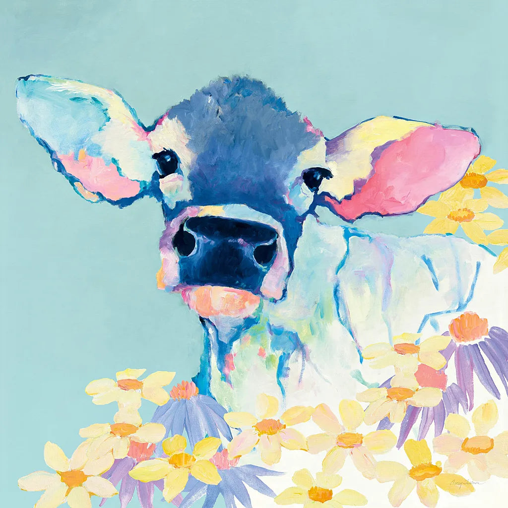 Bessie with Flowers on Teal by Avery Tillmon. SKU 27729a. Archival Giclee Fine art print for wall decor.