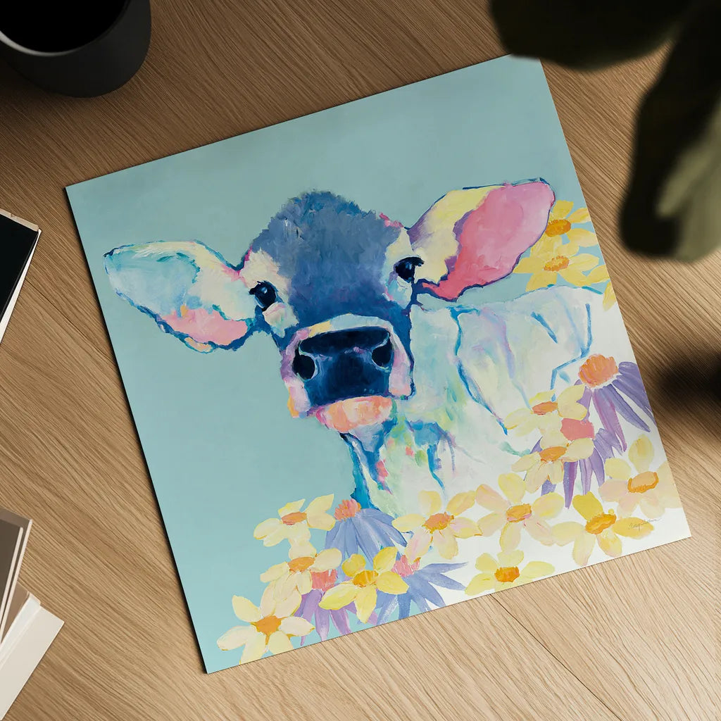 Bessie with Flowers on Teal by Avery Tillmon. Shown as a detailed flat fine art print, highlighting archival giclee quality. Available as an archival giclee rolled canvas, fine art paper, or poster print. SKU 27729a.