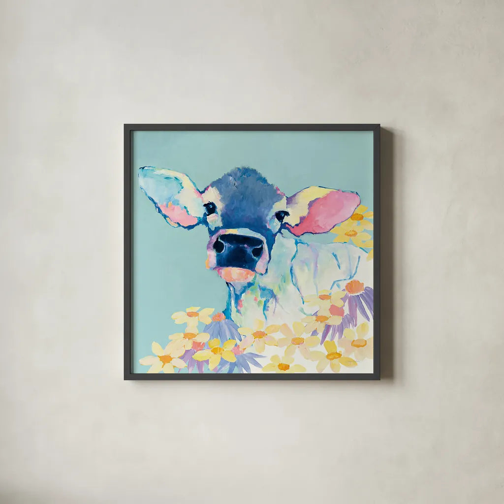 Bessie with Flowers on Teal by Avery Tillmon. Shown in a sleek black glass frame for a contemporary gallery look. Available as an archival giclee rolled canvas, fine art paper, or poster print. SKU 27729a.