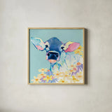 Bessie with Flowers on Teal by Avery Tillmon. Shown in a natural wood glass frame for a timeless modern aesthetic. Available as an archival giclee rolled canvas, fine art paper, or poster print. SKU 27729a.