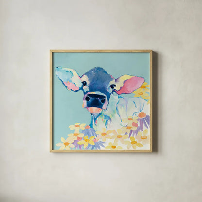 Bessie with Flowers on Teal by Avery Tillmon. Shown in a natural wood glass frame for a timeless modern aesthetic. Available as an archival giclee rolled canvas, fine art paper, or poster print. SKU 27729a.