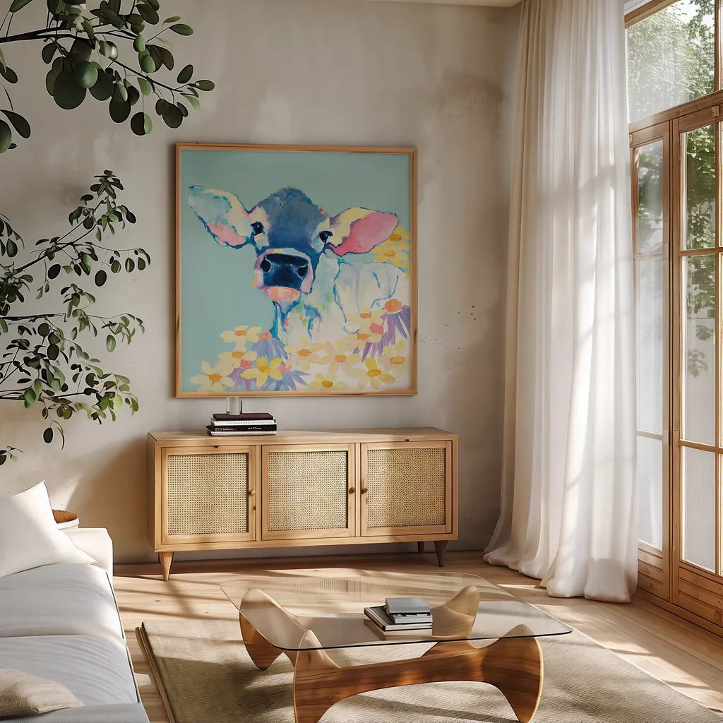 Bessie with Flowers on Teal by Avery Tillmon. Shown in a natural wood frame in a cozy modern living room. Available as an archival giclee rolled canvas, fine art paper, or poster print. SKU 27729a.