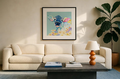 Bessie with Flowers on Teal by Avery Tillmon. Displayed in a glass frame with matte in a clean modern living room. Available as an archival giclee rolled canvas, fine art paper, or poster print. SKU 27729a.