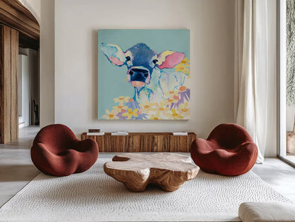 Bessie with Flowers on Teal by Avery Tillmon. Shown as extra-large giant wall art in a modern living room. Available as an archival giclee rolled canvas, fine art paper, or poster print. SKU 27729a.