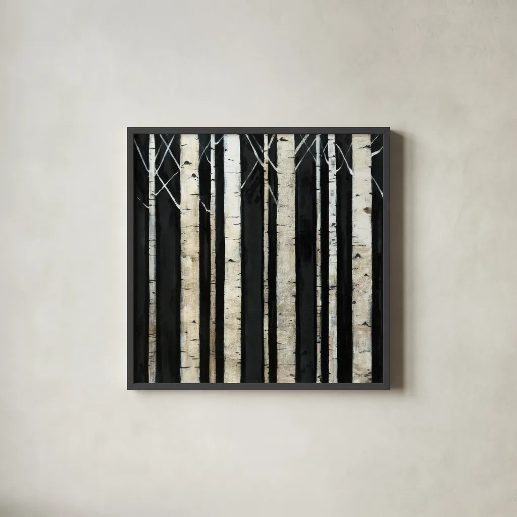 Birch Tree Square II by Avery Tillmon. Shown in a sleek black glass frame for a contemporary gallery look. Available as an archival giclee rolled canvas, fine art paper, or poster print. SKU 49745a.