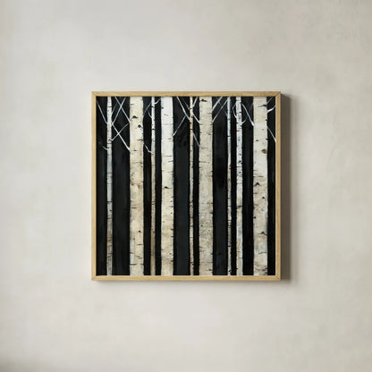 Birch Tree Square II by Avery Tillmon. Shown in a natural wood glass frame for a timeless modern aesthetic. Available as an archival giclee rolled canvas, fine art paper, or poster print. SKU 49745a.