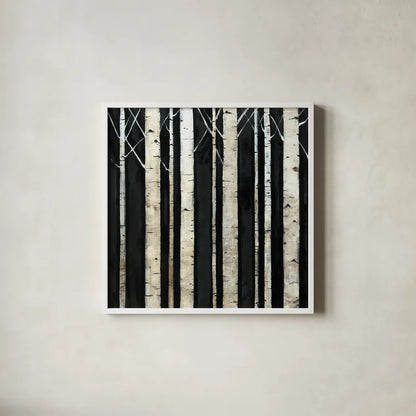 Birch Tree Square II by Avery Tillmon. Shown in a crisp white glass frame for a clean and minimalist style. Available as an archival giclee rolled canvas, fine art paper, or poster print. SKU 49745a.