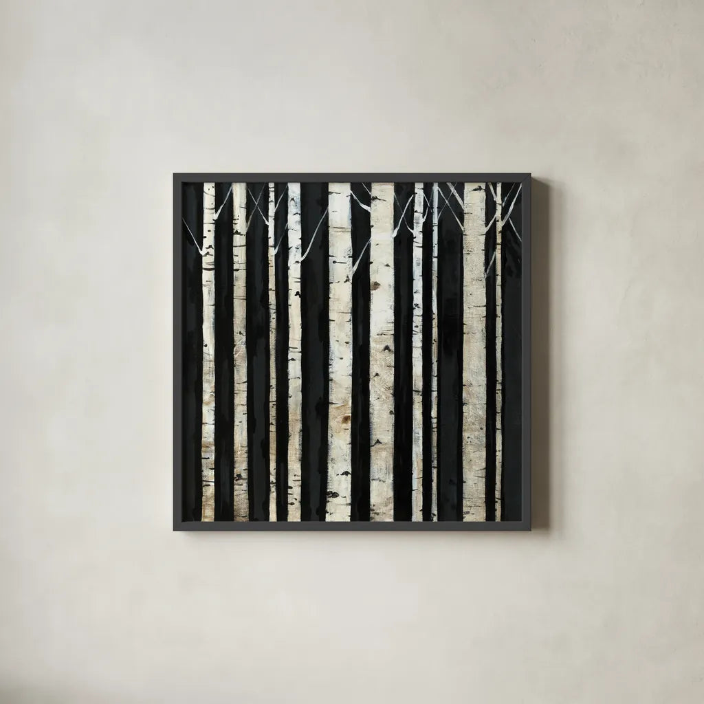 Birch Tree Square III by Avery Tillmon. Shown in a sleek black glass frame for a contemporary gallery look. Available as an archival giclee rolled canvas, fine art paper, or poster print. SKU 49746a.