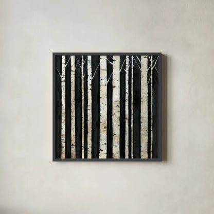 Birch Tree Square III by Avery Tillmon. Shown in a sleek black glass frame for a contemporary gallery look. Available as an archival giclee rolled canvas, fine art paper, or poster print. SKU 49746a.