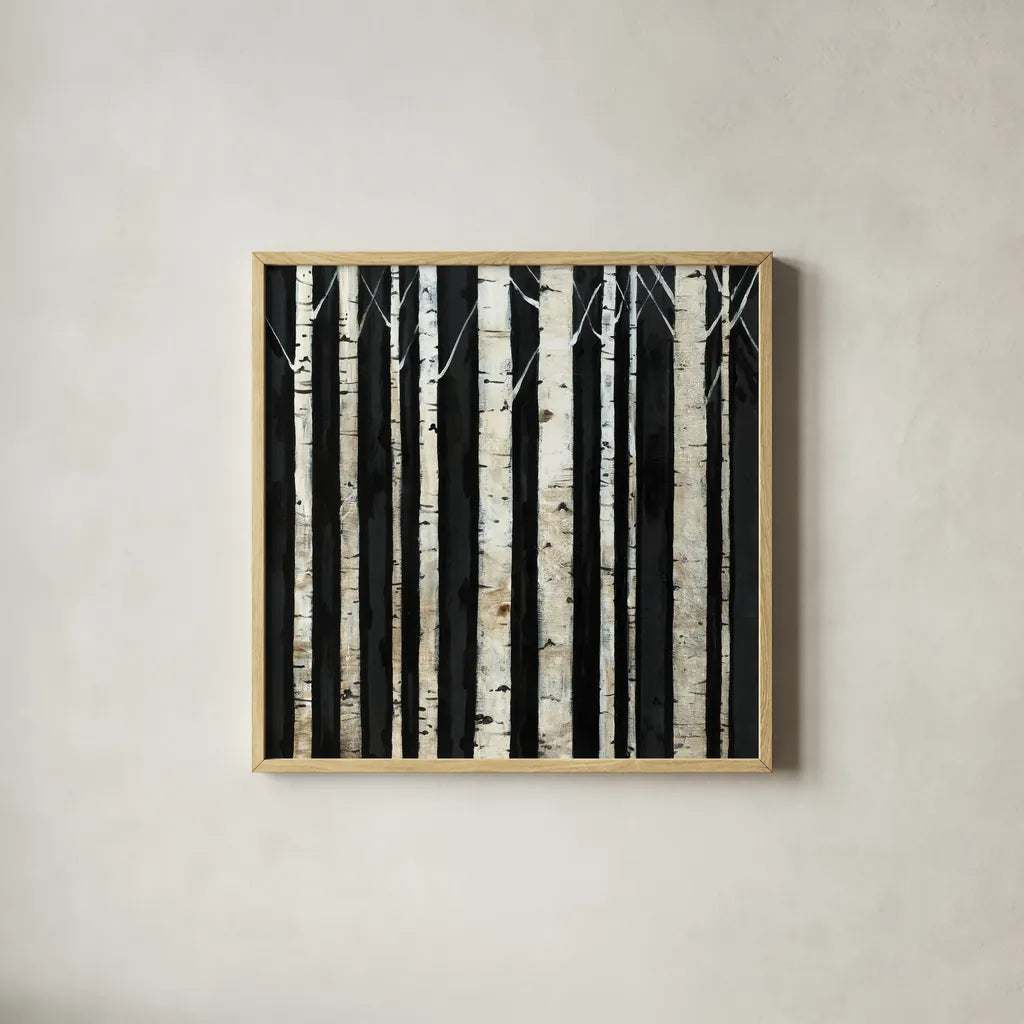 Birch Tree Square III by Avery Tillmon. Shown in a natural wood glass frame for a timeless modern aesthetic. Available as an archival giclee rolled canvas, fine art paper, or poster print. SKU 49746a.