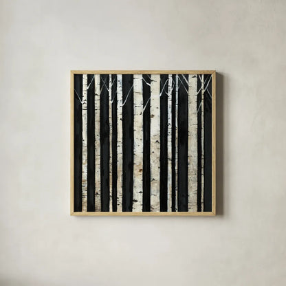 Birch Tree Square III by Avery Tillmon. Shown in a natural wood glass frame for a timeless modern aesthetic. Available as an archival giclee rolled canvas, fine art paper, or poster print. SKU 49746a.