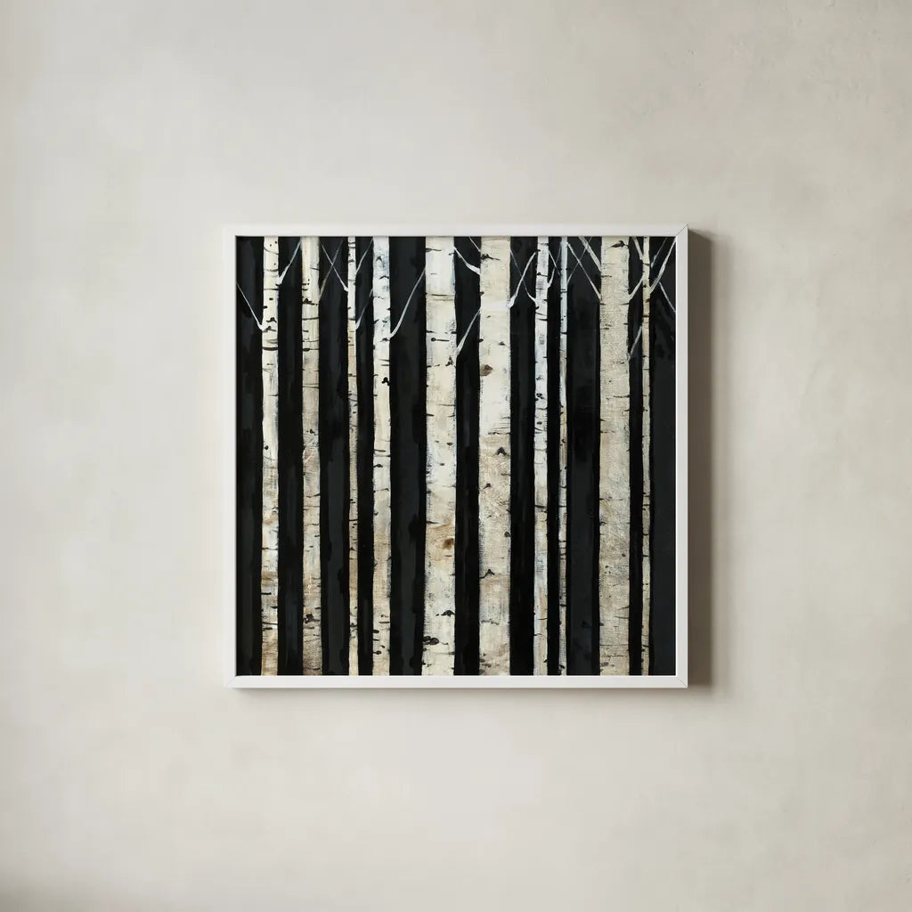 Birch Tree Square III by Avery Tillmon. Shown in a crisp white glass frame for a clean and minimalist style. Available as an archival giclee rolled canvas, fine art paper, or poster print. SKU 49746a.