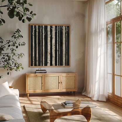 Birch Tree Square III by Avery Tillmon. Shown in a natural wood frame in a cozy modern living room. Available as an archival giclee rolled canvas, fine art paper, or poster print. SKU 49746a.