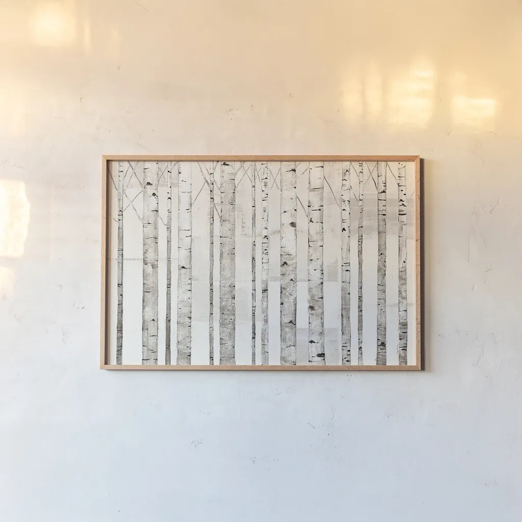Birch Trees on White by Avery Tillmon. shown as a paper print in a natural frame. Available as a archival giclee rolled canvas, fine art paper, or poster print. SKU 13012i.
