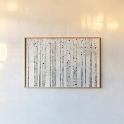 Birch Trees on White by Avery Tillmon. shown as a paper print in a natural frame. Available as a archival giclee rolled canvas, fine art paper, or poster print. SKU 13012i.
