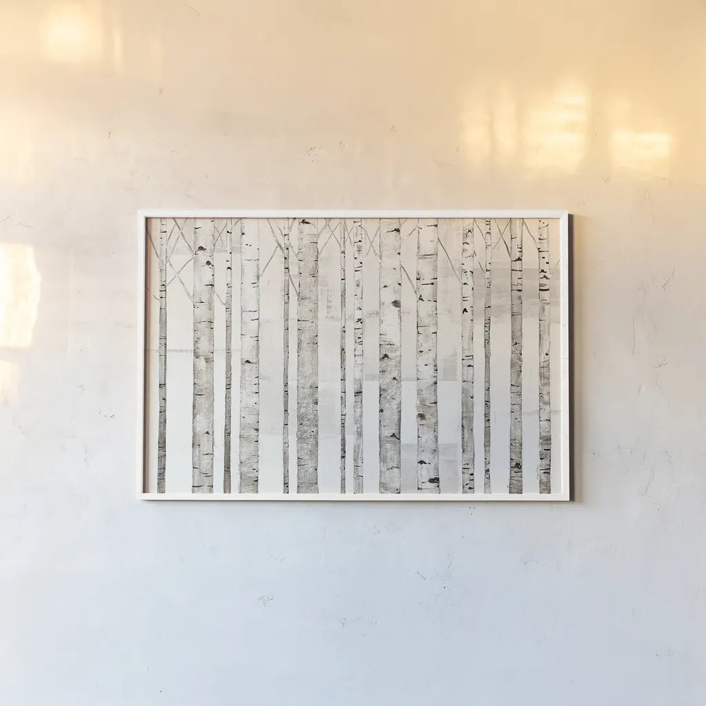 Birch Trees on White by Avery Tillmon. shown as a paper print in a white frame. Available as a archival giclee rolled canvas, fine art paper, or poster print. SKU 13012i.