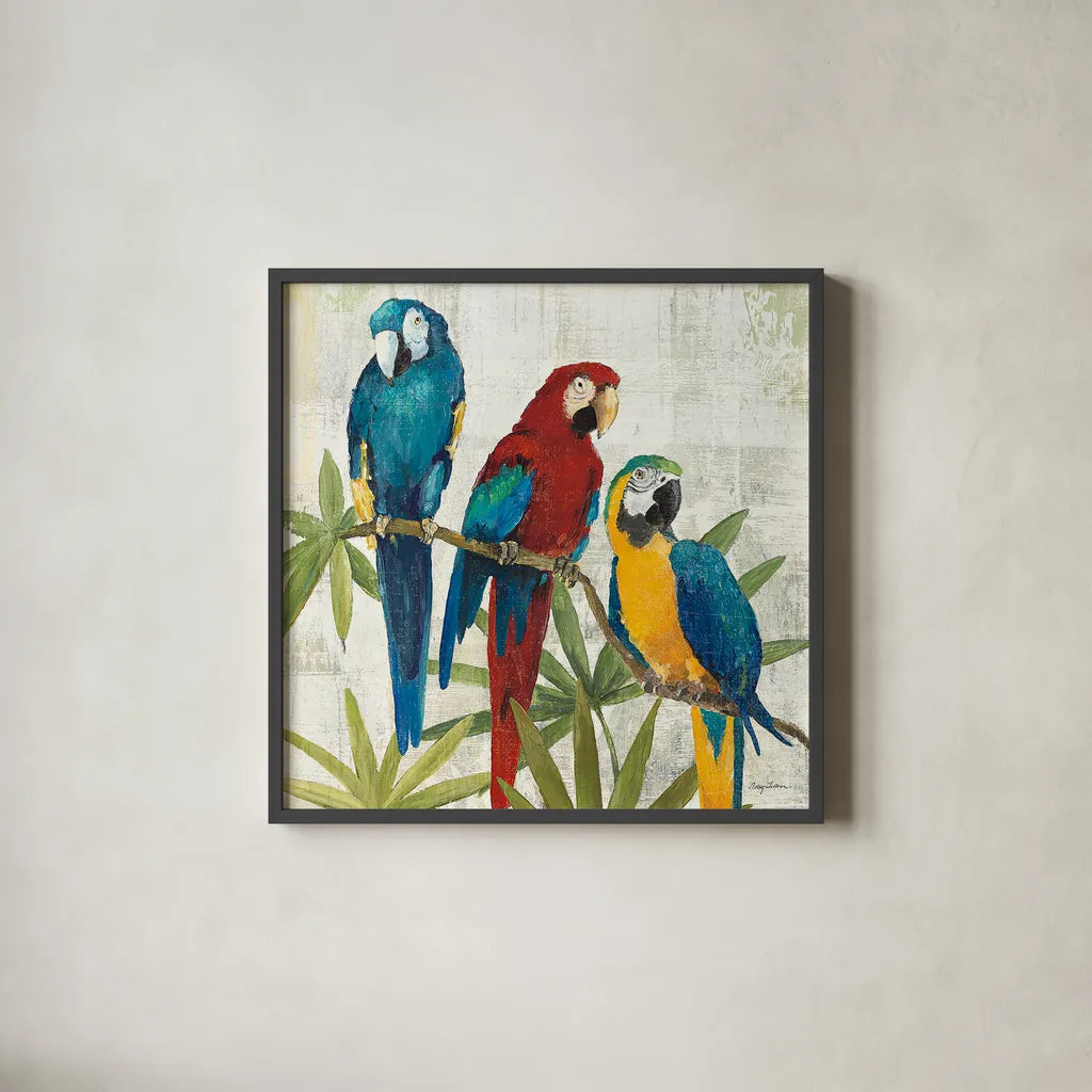 Birds of a Feather Square I by Avery Tillmon. Shown in a sleek black glass frame for a contemporary gallery look. Available as an archival giclee rolled canvas, fine art paper, or poster print. SKU 49473a.