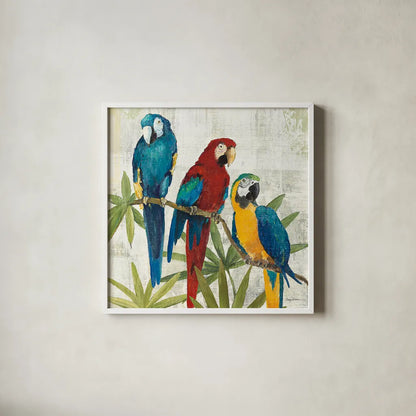 Birds of a Feather Square I by Avery Tillmon. Shown in a crisp white glass frame for a clean and minimalist style. Available as an archival giclee rolled canvas, fine art paper, or poster print. SKU 49473a.