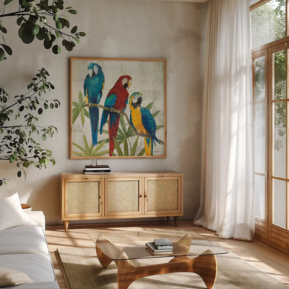 Birds of a Feather Square I by Avery Tillmon. Shown in a natural wood frame in a cozy modern living room. Available as an archival giclee rolled canvas, fine art paper, or poster print. SKU 49473a.