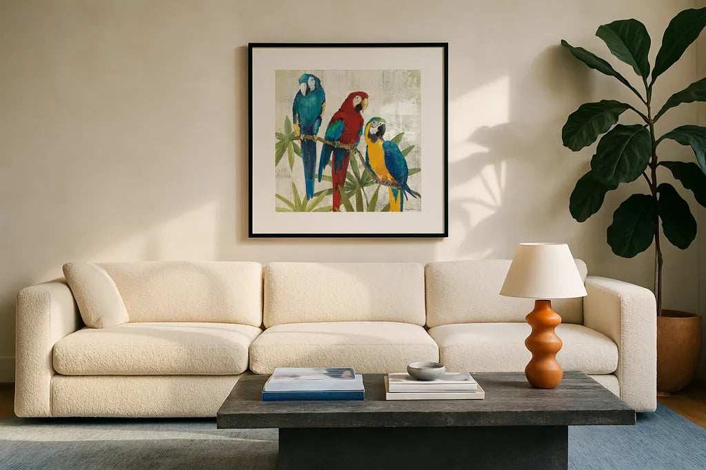 Birds of a Feather Square I by Avery Tillmon. Displayed in a glass frame with matte in a clean modern living room. Available as an archival giclee rolled canvas, fine art paper, or poster print. SKU 49473a.