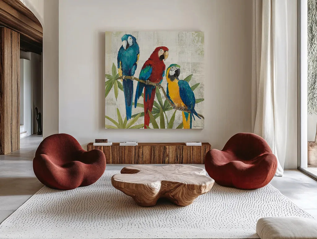 Birds of a Feather Square I by Avery Tillmon. Shown as extra-large giant wall art in a modern living room. Available as an archival giclee rolled canvas, fine art paper, or poster print. SKU 49473a.
