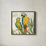 Birds of a Feather Square II by Avery Tillmon. Shown in a sleek black glass frame for a contemporary gallery look. Available as an archival giclee rolled canvas, fine art paper, or poster print. SKU 49474a.