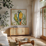 Birds of a Feather Square II by Avery Tillmon. Shown in a natural wood frame in a cozy modern living room. Available as an archival giclee rolled canvas, fine art paper, or poster print. SKU 49474a.