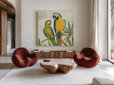 Birds of a Feather Square II by Avery Tillmon. Shown as extra-large giant wall art in a modern living room. Available as an archival giclee rolled canvas, fine art paper, or poster print. SKU 49474a.
