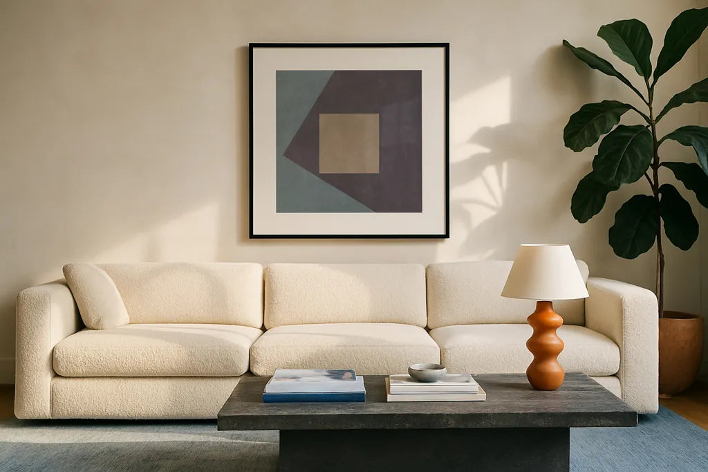 Blue Silk Abstract I by Avery Tillmon. Displayed in a glass frame with matte in a clean modern living room. Available as an archival giclee rolled canvas, fine art paper, or poster print. SKU 68410a.