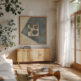 Blue Silk I by Avery Tillmon. Shown in a natural wood frame in a cozy modern living room. Available as an archival giclee rolled canvas, fine art paper, or poster print. SKU 49696a.